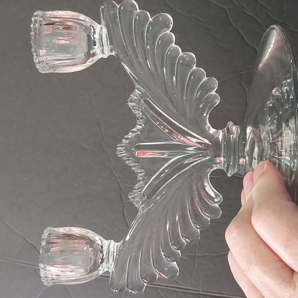 Retro Taper Twin Candleholder Molded Clear Glass has some weight to it.6inHx7inW - Picture 2 of 9